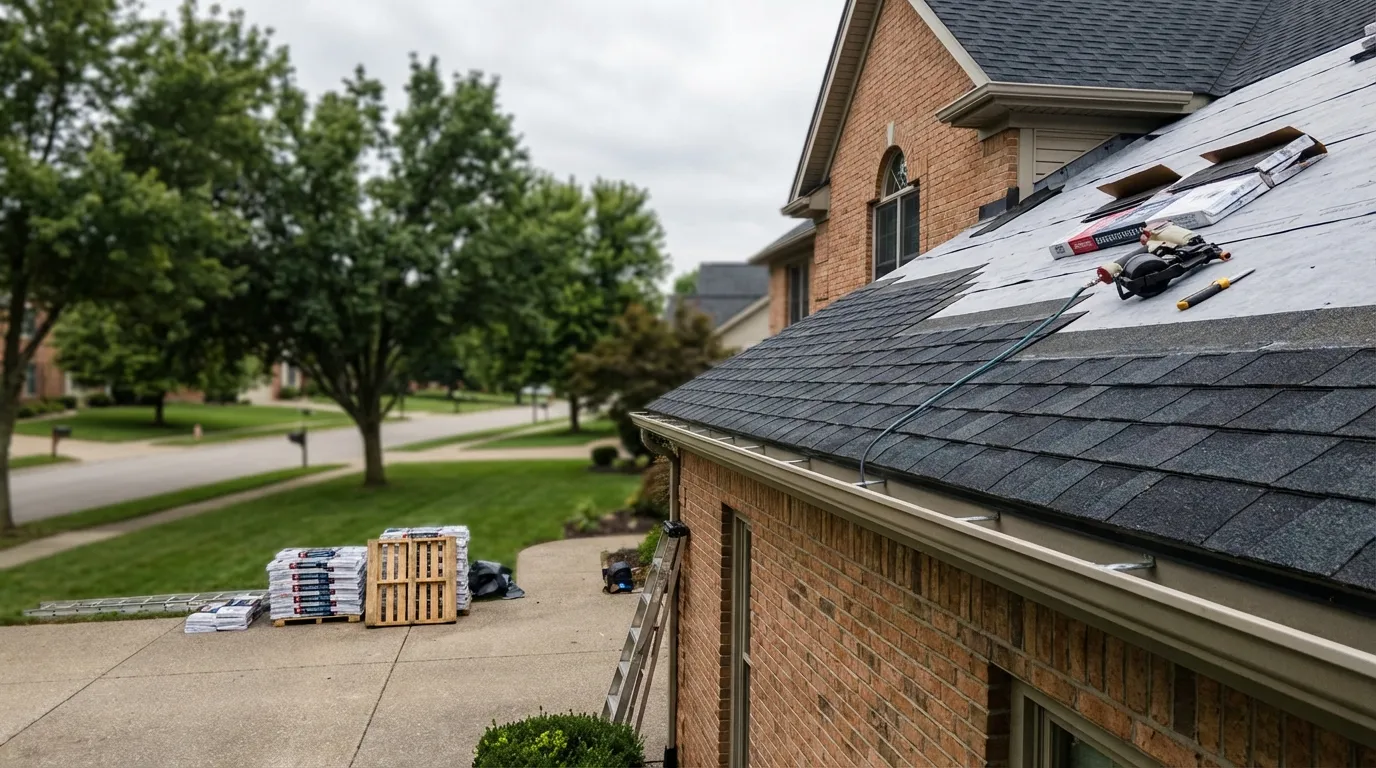 Roofing crew installing architectural shingles on a Louisville-area home under soft Ohio River valley overcast sky
