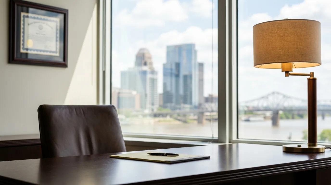 Louisville Jefferson County Courthouse limestone facade under clear Kentucky sky with American flag