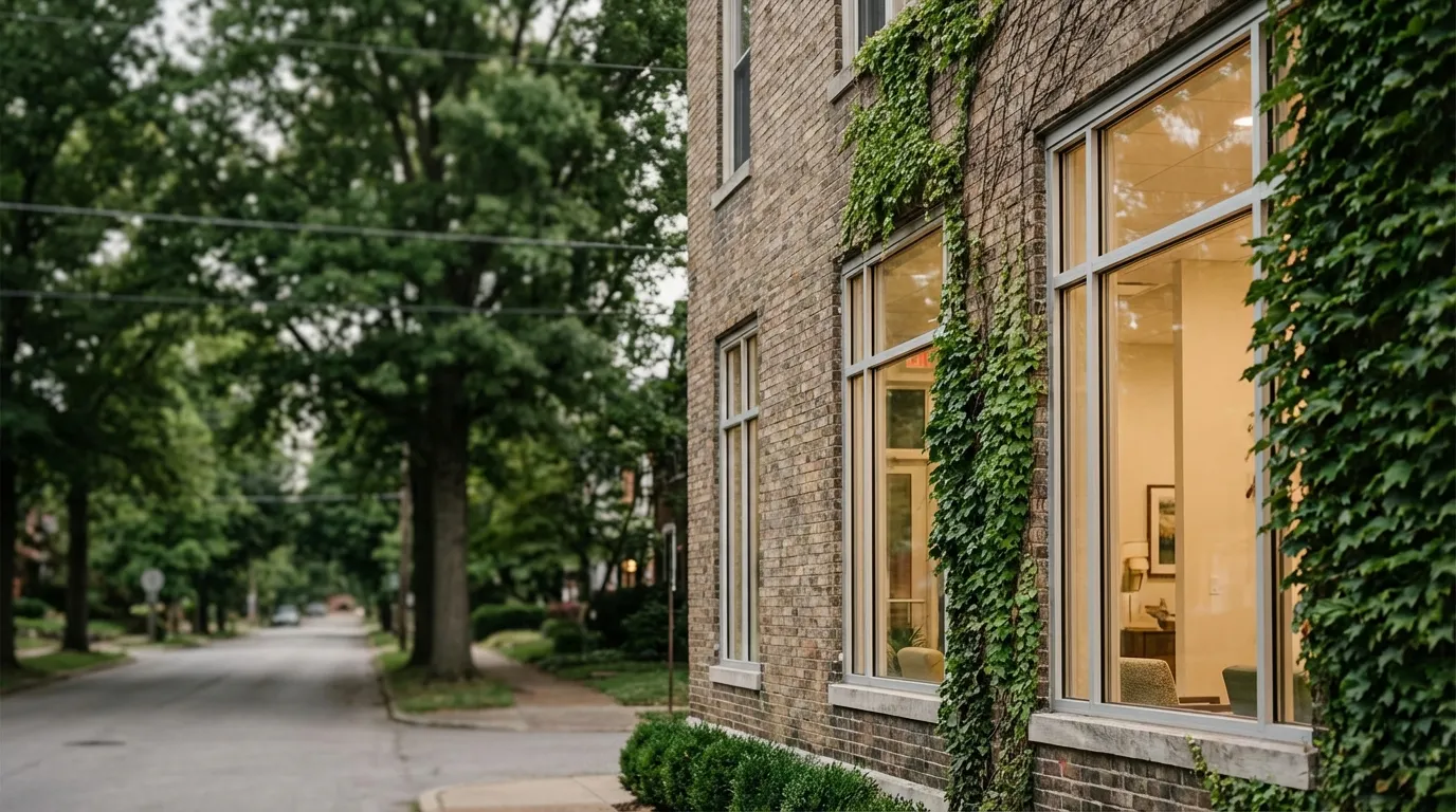 Modern independent medical practice in a converted Louisville brick building with ivy exterior and warm interior lighting