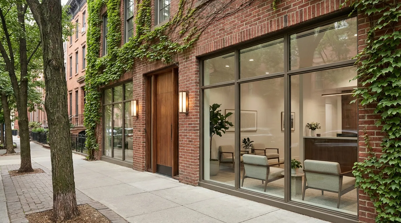 Modern Louisville dental practice entrance in a converted brick building with warm lighting and tree-lined Highlands street