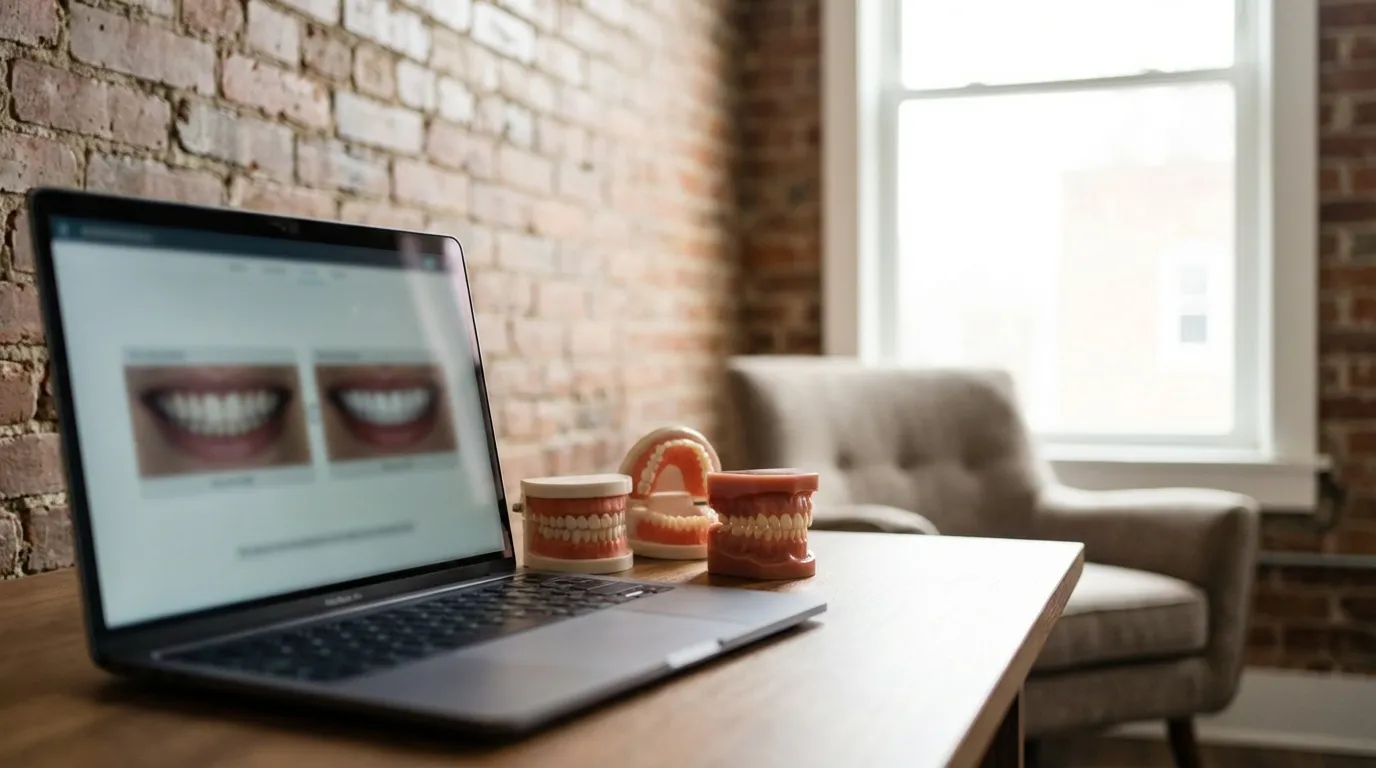 Modern Louisville dental practice entrance in a converted brick building with warm lighting and tree-lined Highlands street