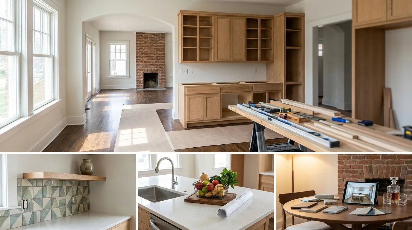 Kitchen renovation in a Louisville Highlands craftsman bungalow with original hardwood floors and new white shaker cabinetry