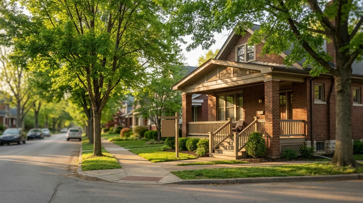 Classic Louisville Highlands shotgun house with brick facade and covered porch under warm Kentucky afternoon light