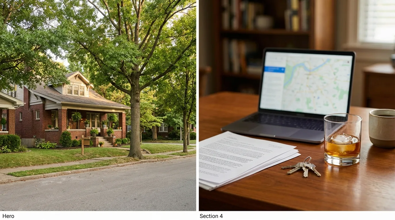 Classic Louisville Highlands shotgun house with brick facade and covered porch under warm Kentucky afternoon light