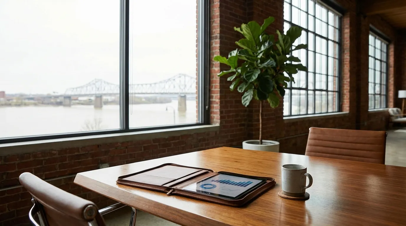 Louisville financial advisory office in a converted brick building with Ohio River view and warm interior lighting