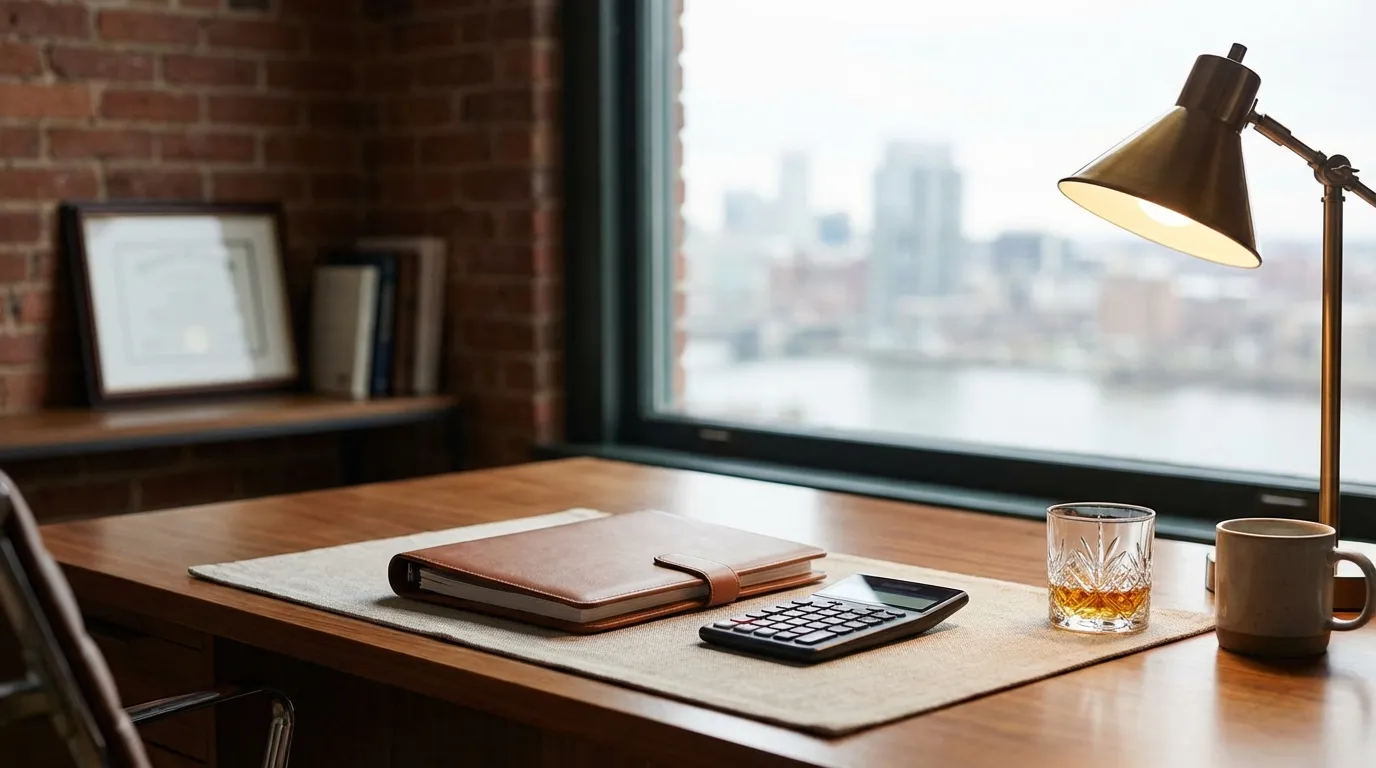 Louisville financial advisory office in a converted brick building with Ohio River view and warm interior lighting