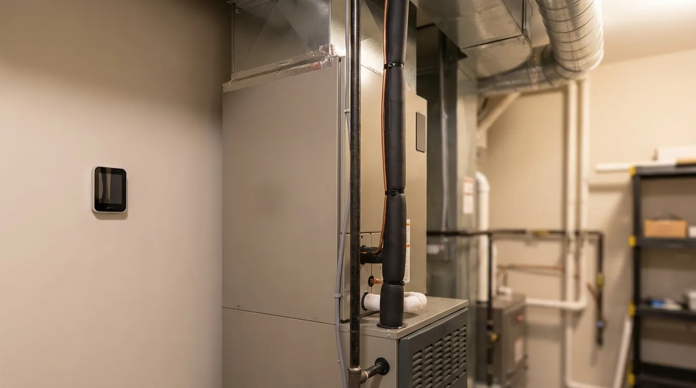 Modern HVAC condenser unit beside a Memphis suburban home under warm hazy Mississippi valley summer sky