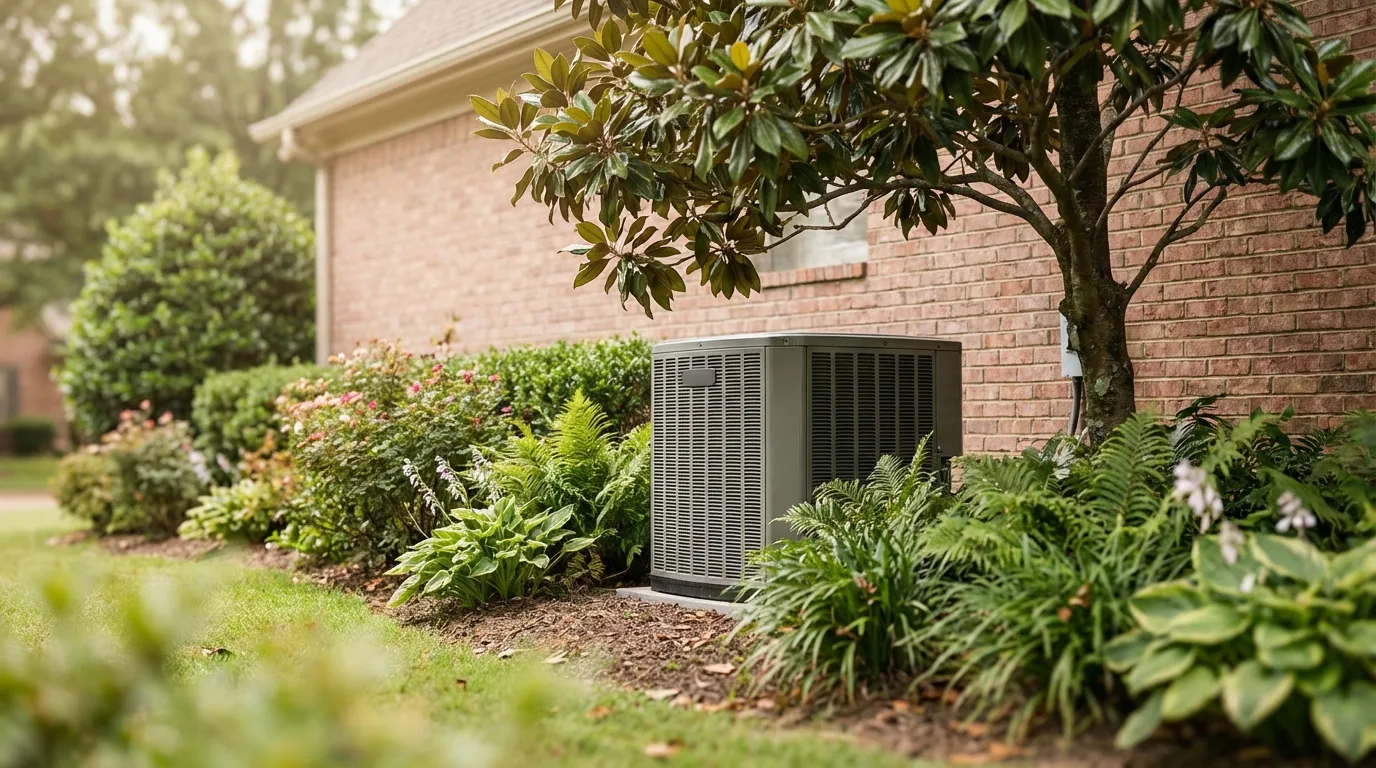 Modern HVAC condenser unit beside a Memphis suburban home under warm hazy Mississippi valley summer sky