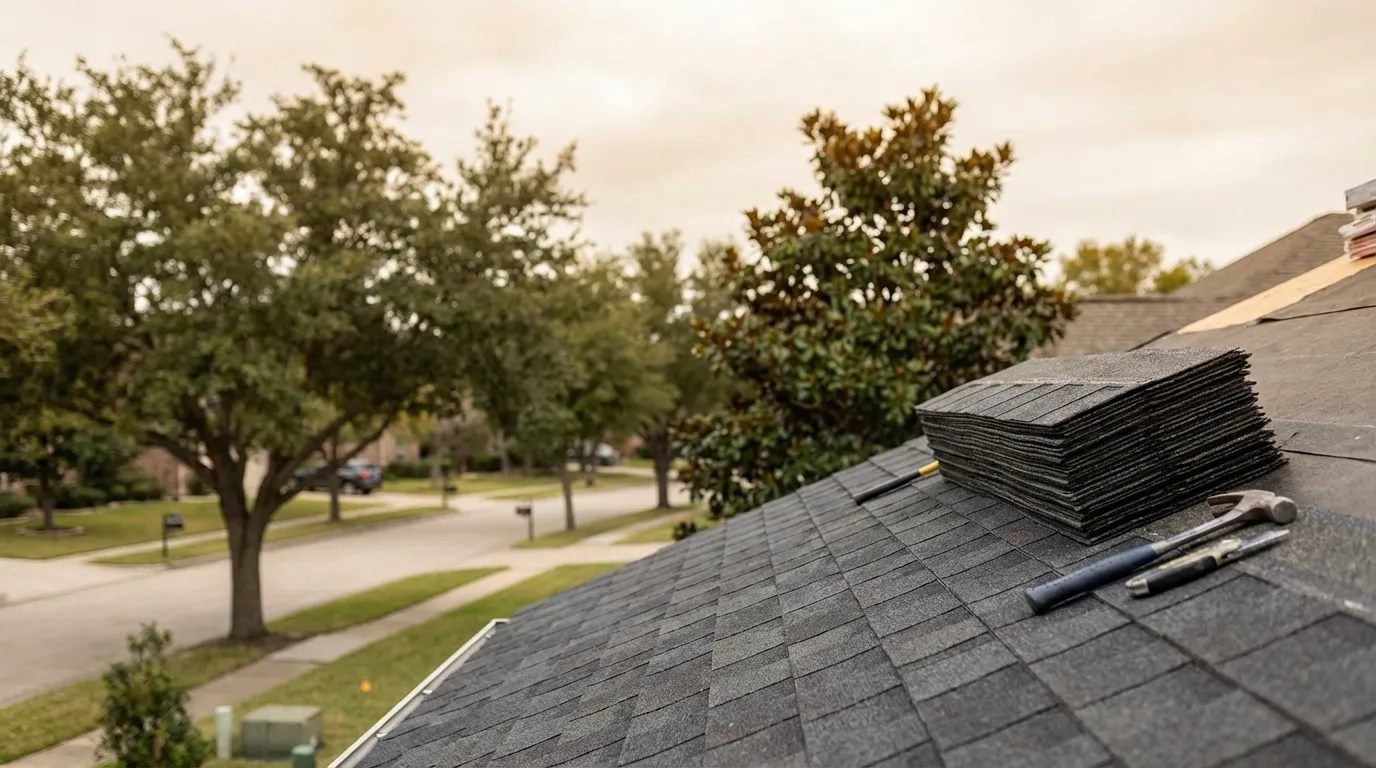 Roofing crew installing shingles on a Memphis-area home under warm hazy Mississippi River valley sky with mature oak trees