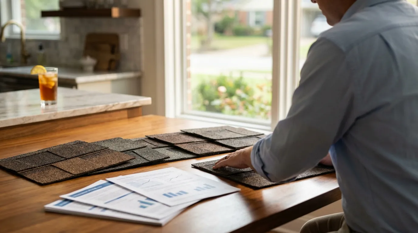 Roofing crew installing shingles on a Memphis-area home under warm hazy Mississippi River valley sky with mature oak trees