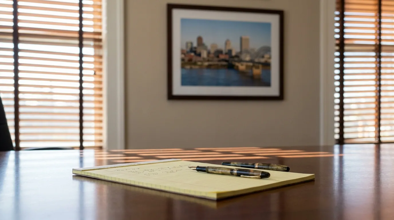 Memphis federal courthouse facade on Front Street with Mississippi River bluffs visible and clear Southern sky