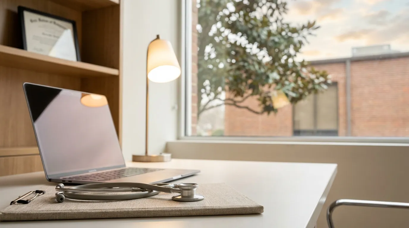 Modern Memphis independent medical practice entrance in the Medical District with brick exterior and warm Southern light