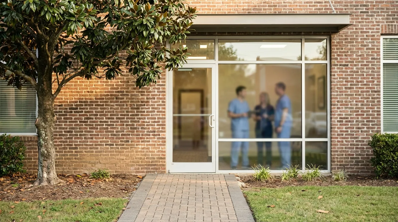 Modern Memphis independent medical practice entrance in the Medical District with brick exterior and warm Southern light