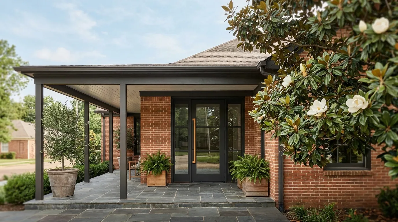 Modern Memphis dental practice in a converted Midtown brick building with wide covered porch and warm Southern light