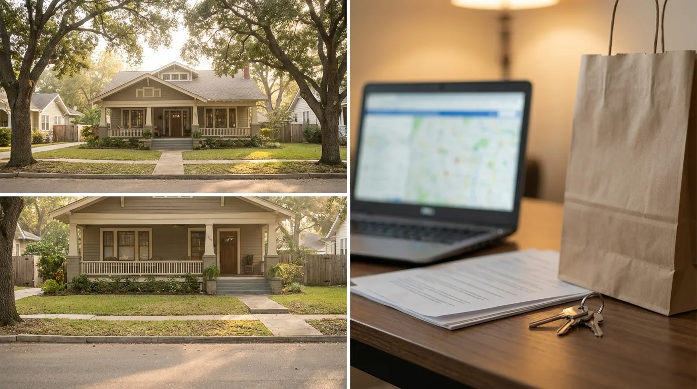 Memphis Midtown craftsman bungalow with wide covered porch and mature magnolia trees under warm hazy Southern afternoon light