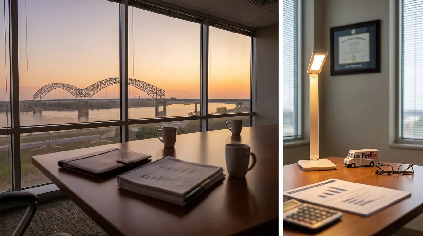 Memphis financial advisory office with Mississippi River and Hernando de Soto Bridge visible through floor-to-ceiling windows in warm hazy light