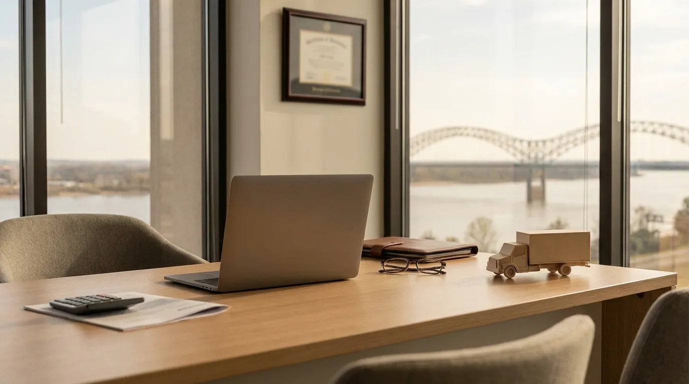 Memphis financial advisory office with Mississippi River and Hernando de Soto Bridge visible through floor-to-ceiling windows in warm hazy light