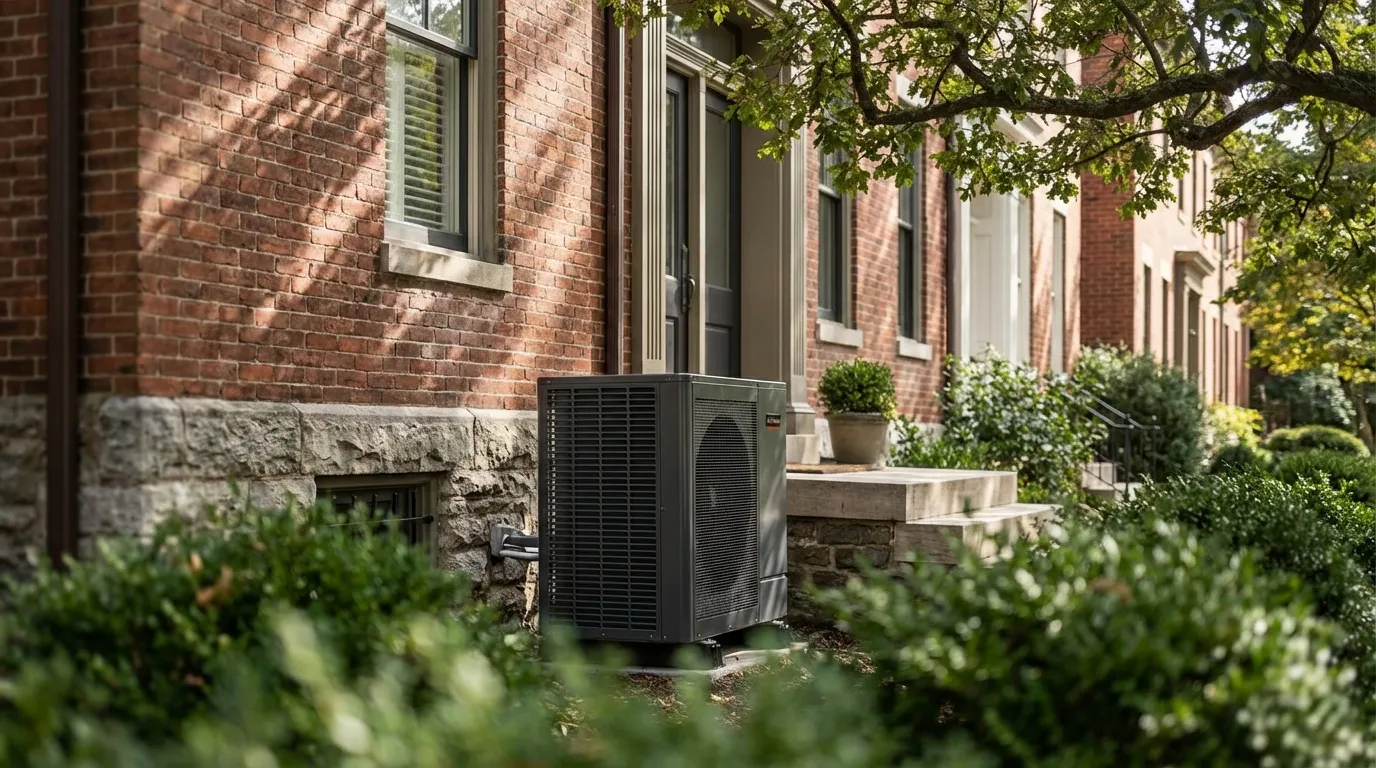 Modern heat pump unit beside a Richmond Fan District brick rowhouse under warm Virginia afternoon light with oak canopy