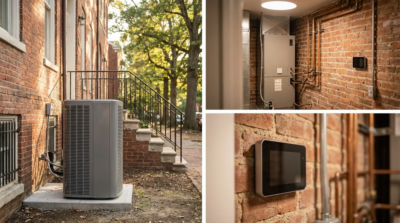 Modern heat pump unit beside a Richmond Fan District brick rowhouse under warm Virginia afternoon light with oak canopy