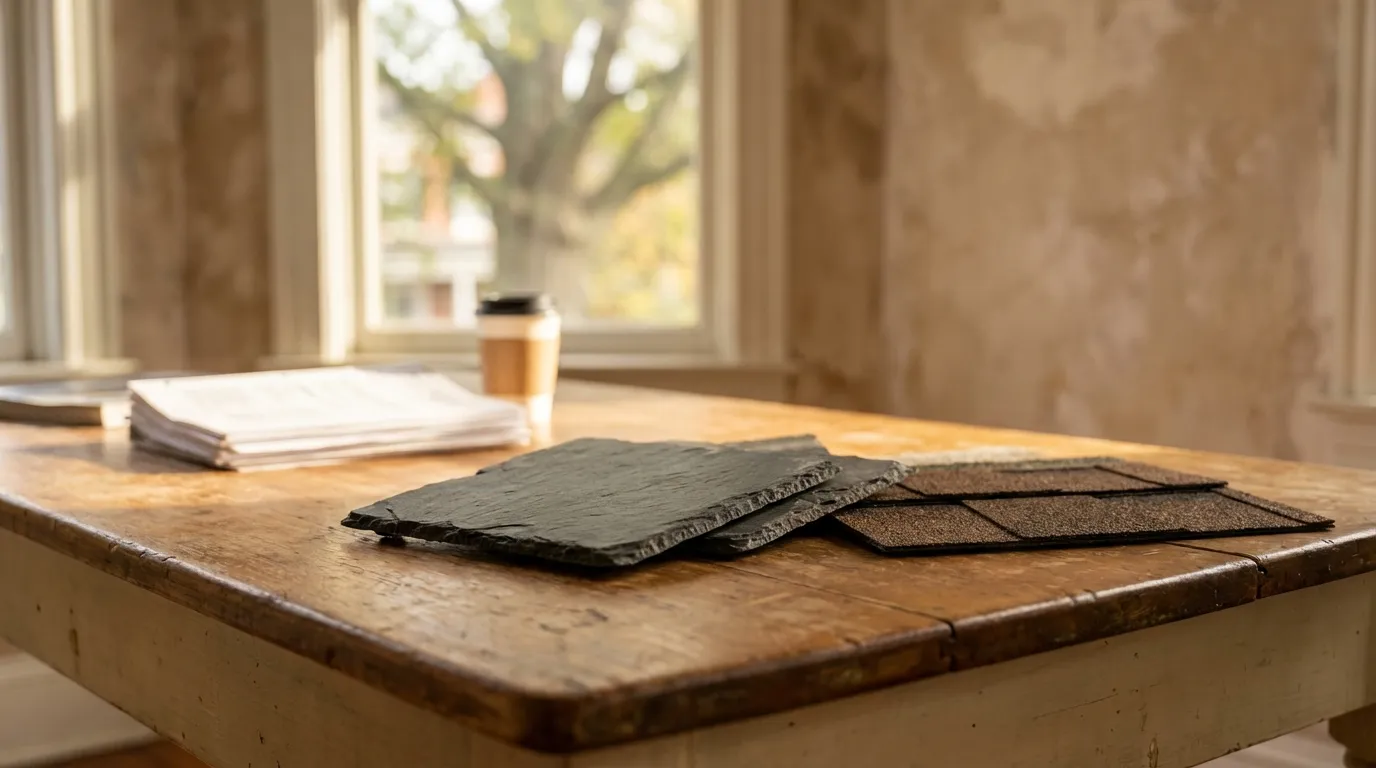 Roofing crew restoring a slate roof on a Fan District Victorian rowhouse under warm Richmond afternoon light with elm tree canopy