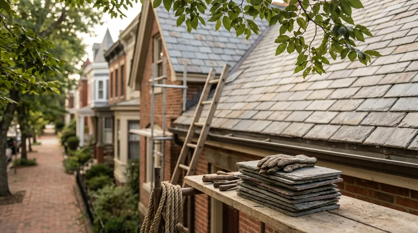 Roofing crew restoring a slate roof on a Fan District Victorian rowhouse under warm Richmond afternoon light with elm tree canopy
