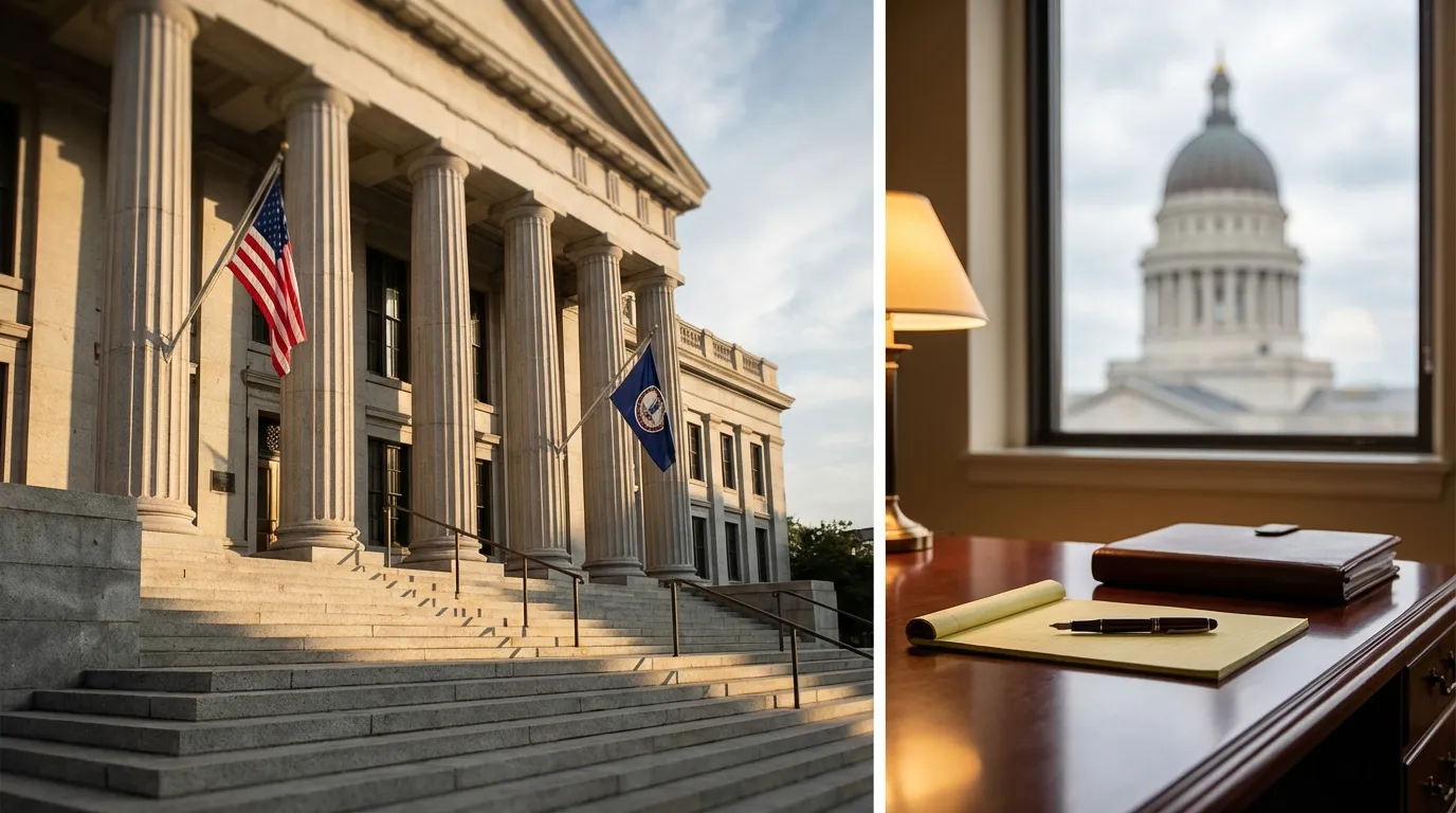 Richmond John Marshall Courts Building neoclassical facade with granite steps under warm Virginia afternoon light