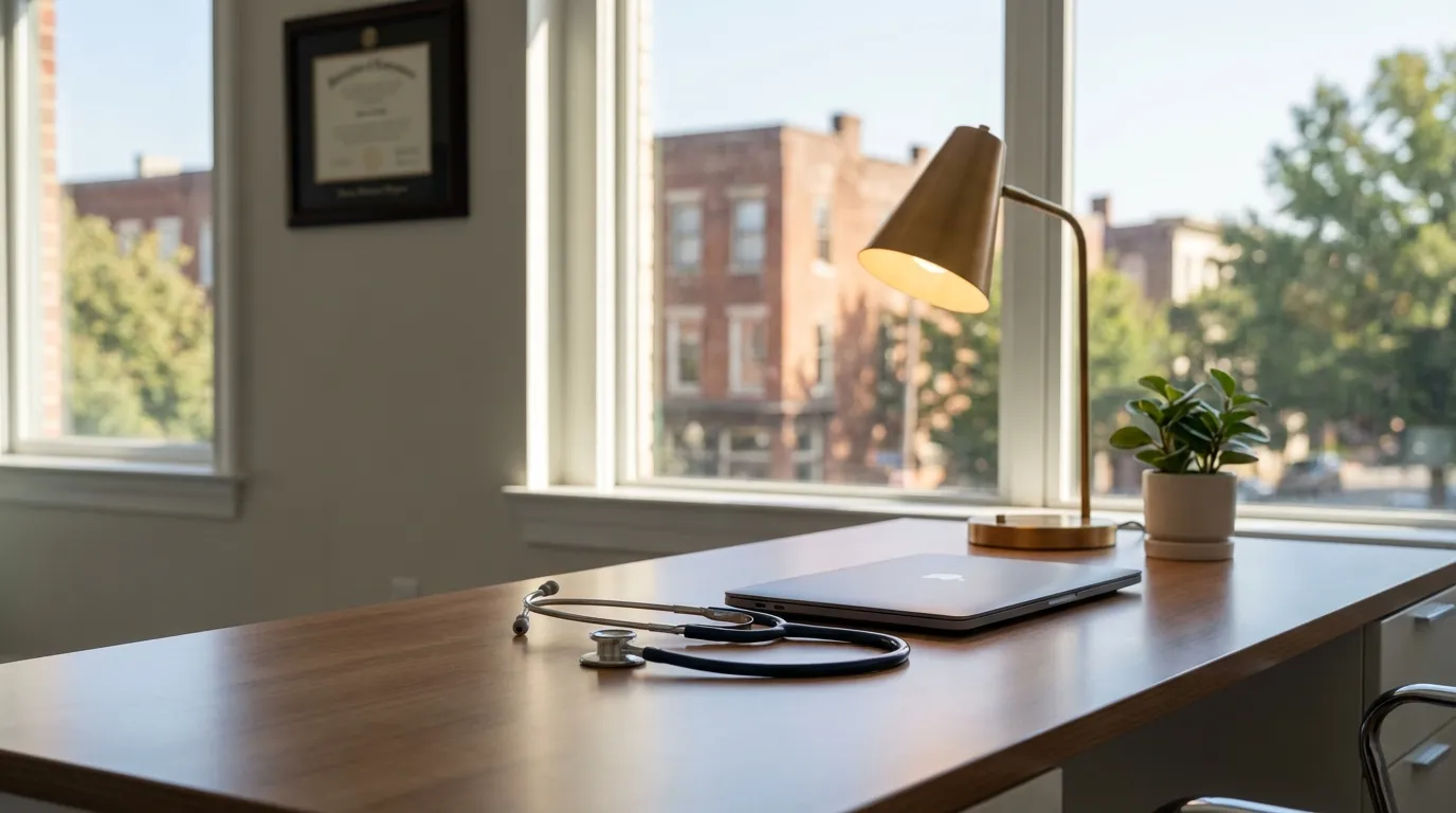 Modern Richmond independent medical practice in a converted historic brick building with natural light and warm Virginia afternoon