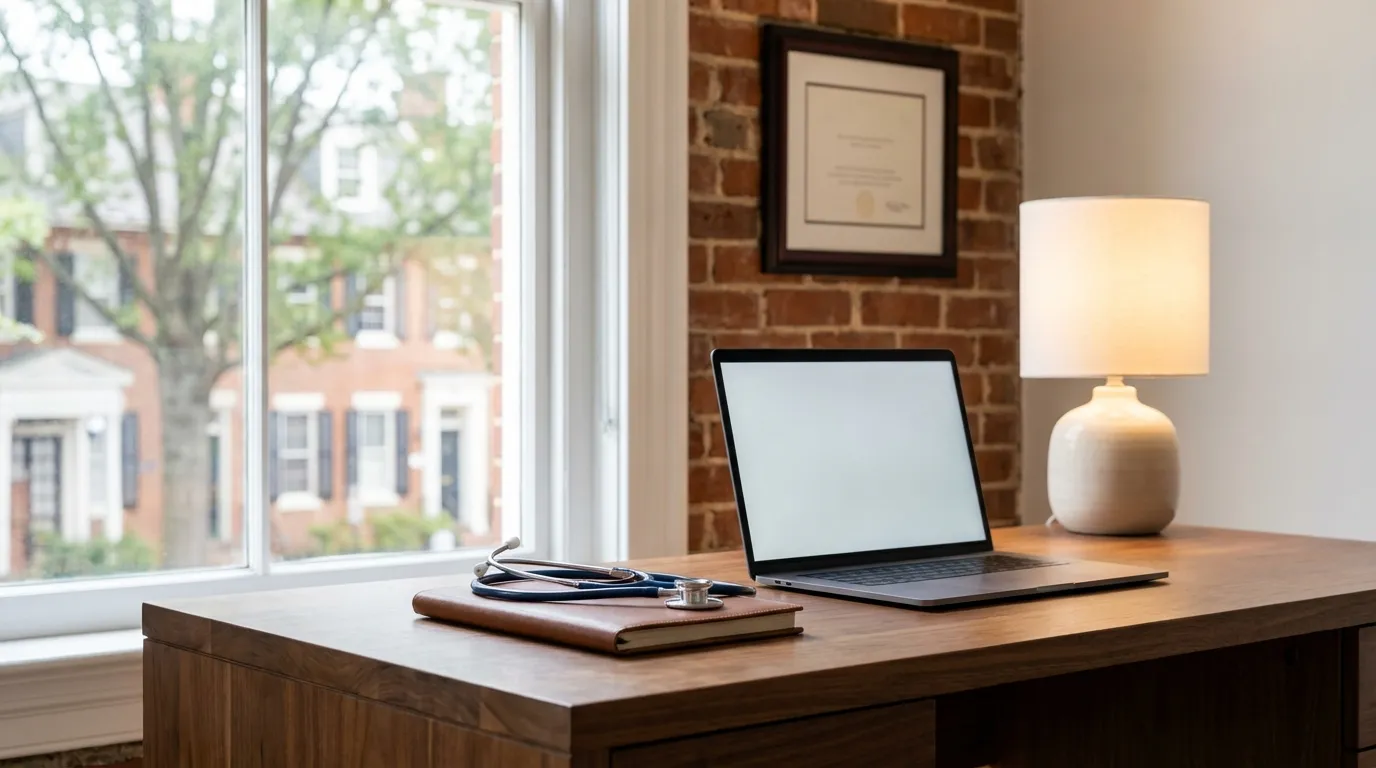 Modern Richmond independent medical practice in a converted historic brick building with natural light and warm Virginia afternoon