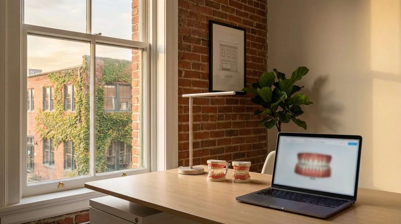 Modern Richmond dental practice in a Fan District converted brick building with warm Virginia light and original exposed brick