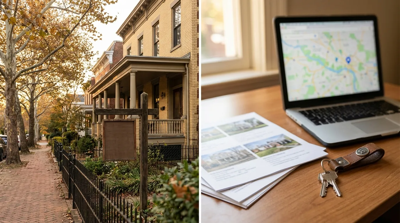 Fan District Victorian rowhouse in Richmond with brick facade and covered porch under warm Virginia fall afternoon light with elm trees