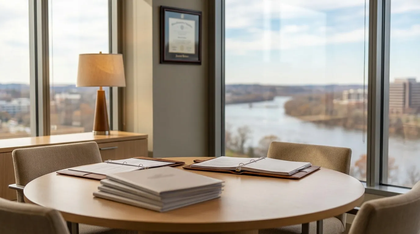 Richmond financial advisory office with James River view and crisp Virginia fall light through floor-to-ceiling windows