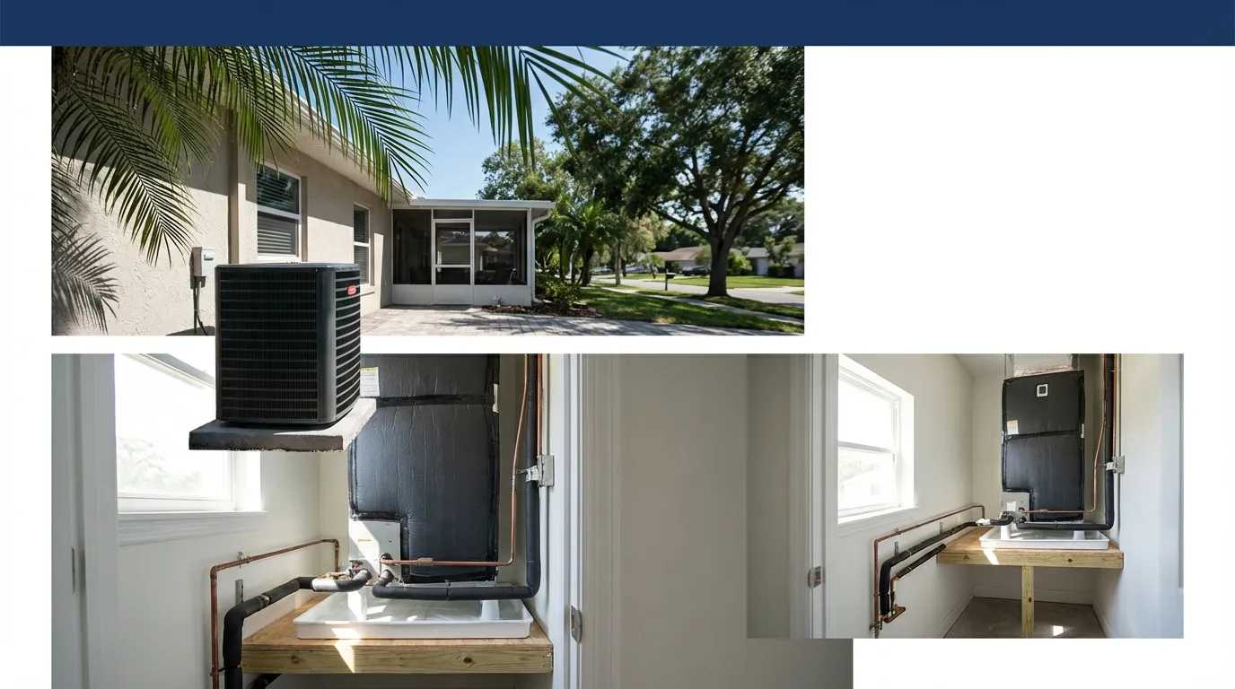 Modern AC unit beside a Florida ranch home with palm trees and clear Orlando blue sky in suburban neighborhood