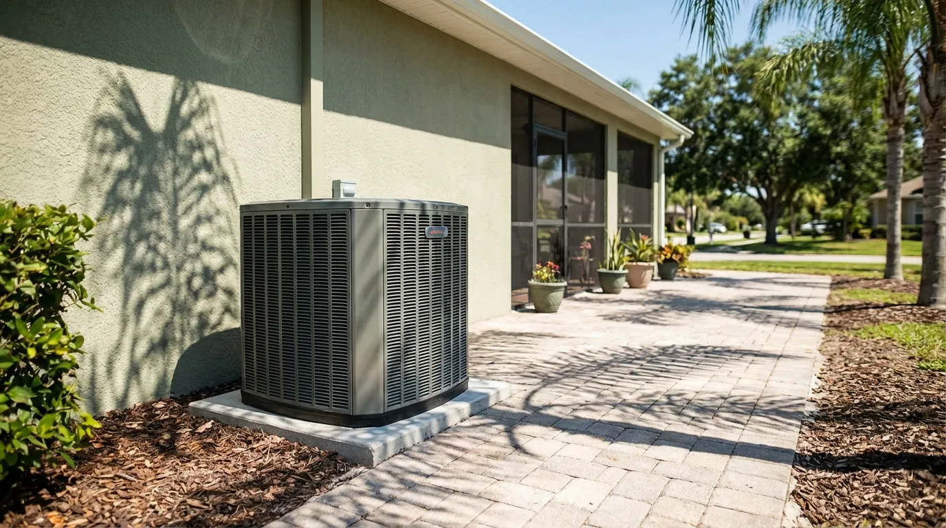 Modern AC unit beside a Florida ranch home with palm trees and clear Orlando blue sky in suburban neighborhood