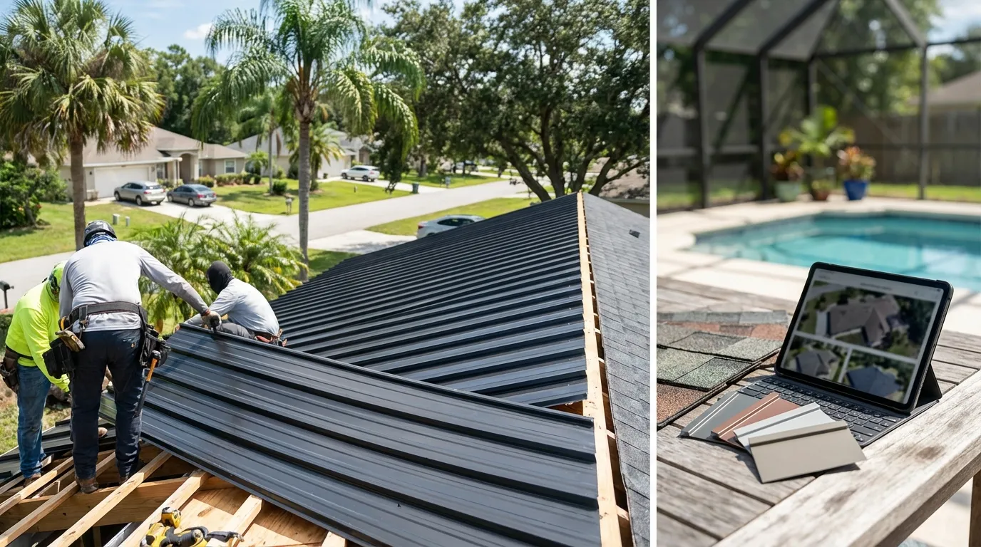 Roofing crew installing hurricane-rated metal panels on a Florida home under intense Central Florida blue sky with palm trees