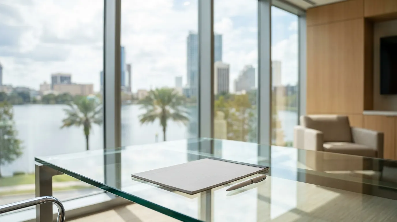Orange County Courthouse in downtown Orlando with modern glass architecture and Florida blue sky with palm trees