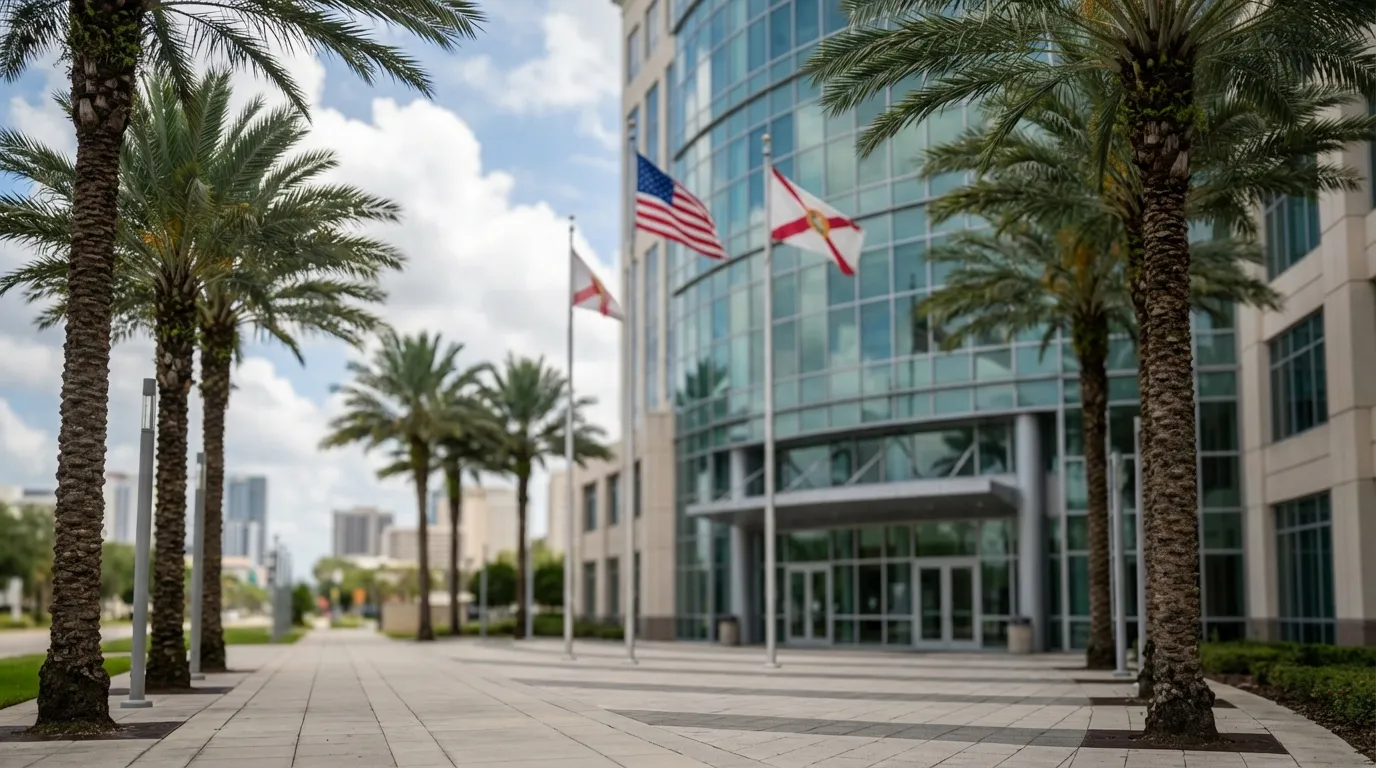 Orange County Courthouse in downtown Orlando with modern glass architecture and Florida blue sky with palm trees