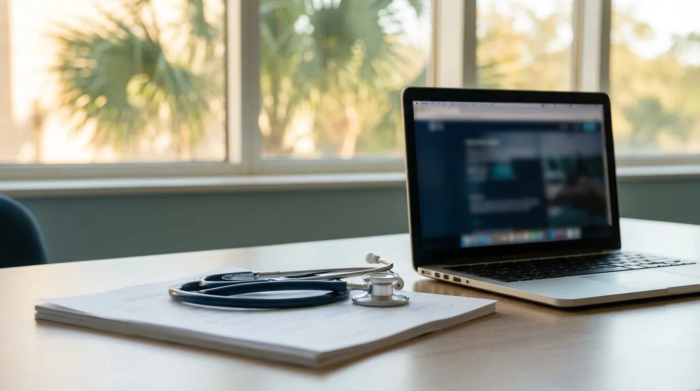 Modern independent medical practice in Florida architecture style with white stucco and tropical landscaping under clear Orlando blue sky