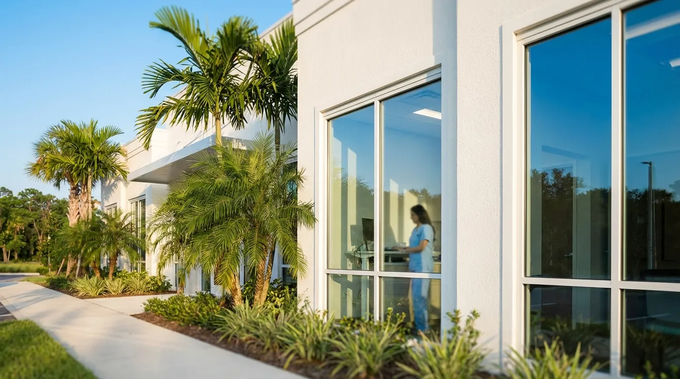 Modern independent medical practice in Florida architecture style with white stucco and tropical landscaping under clear Orlando blue sky