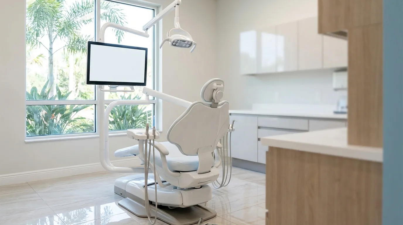 Modern Orlando dental practice exterior with Florida architecture white stucco and tropical landscaping under clear blue sky