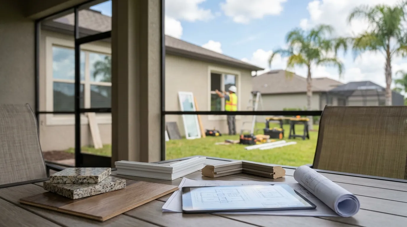 Contractor installing hurricane-rated impact windows on a Florida ranch home under clear Orlando blue sky with palm trees