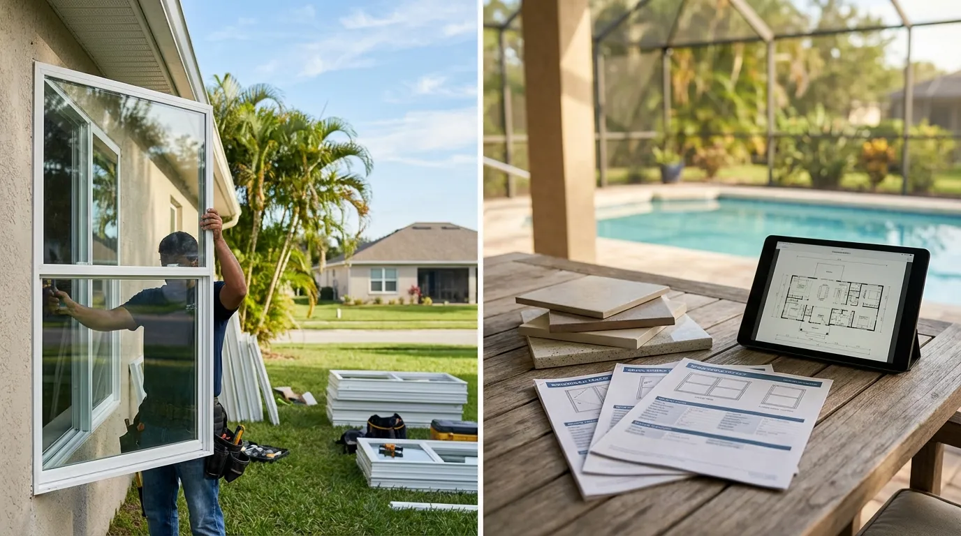 Contractor installing hurricane-rated impact windows on a Florida ranch home under clear Orlando blue sky with palm trees