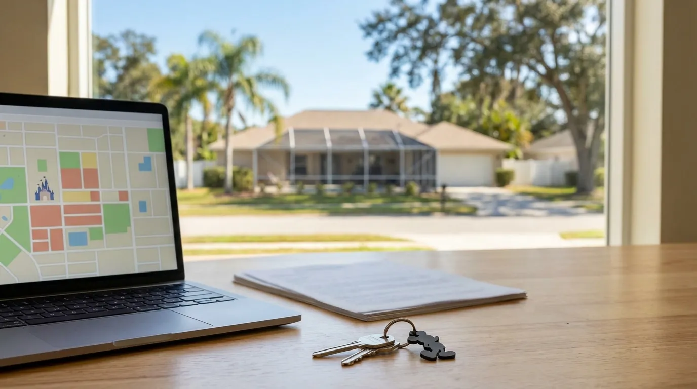 Florida ranch-style home with screened pool enclosure and tropical landscaping under clear Orlando blue sky with palm trees