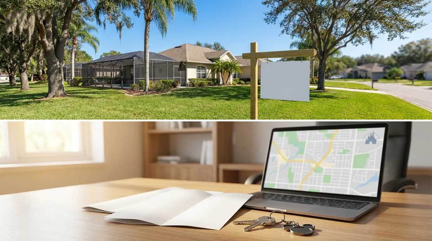 Florida ranch-style home with screened pool enclosure and tropical landscaping under clear Orlando blue sky with palm trees