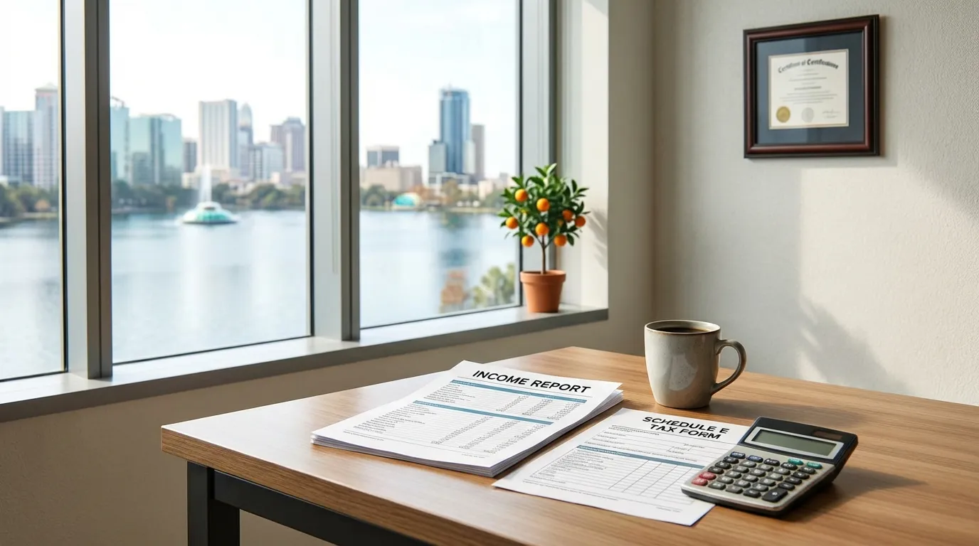 Modern Orlando financial advisory office with lake and city skyline views through floor-to-ceiling windows in bright Florida light