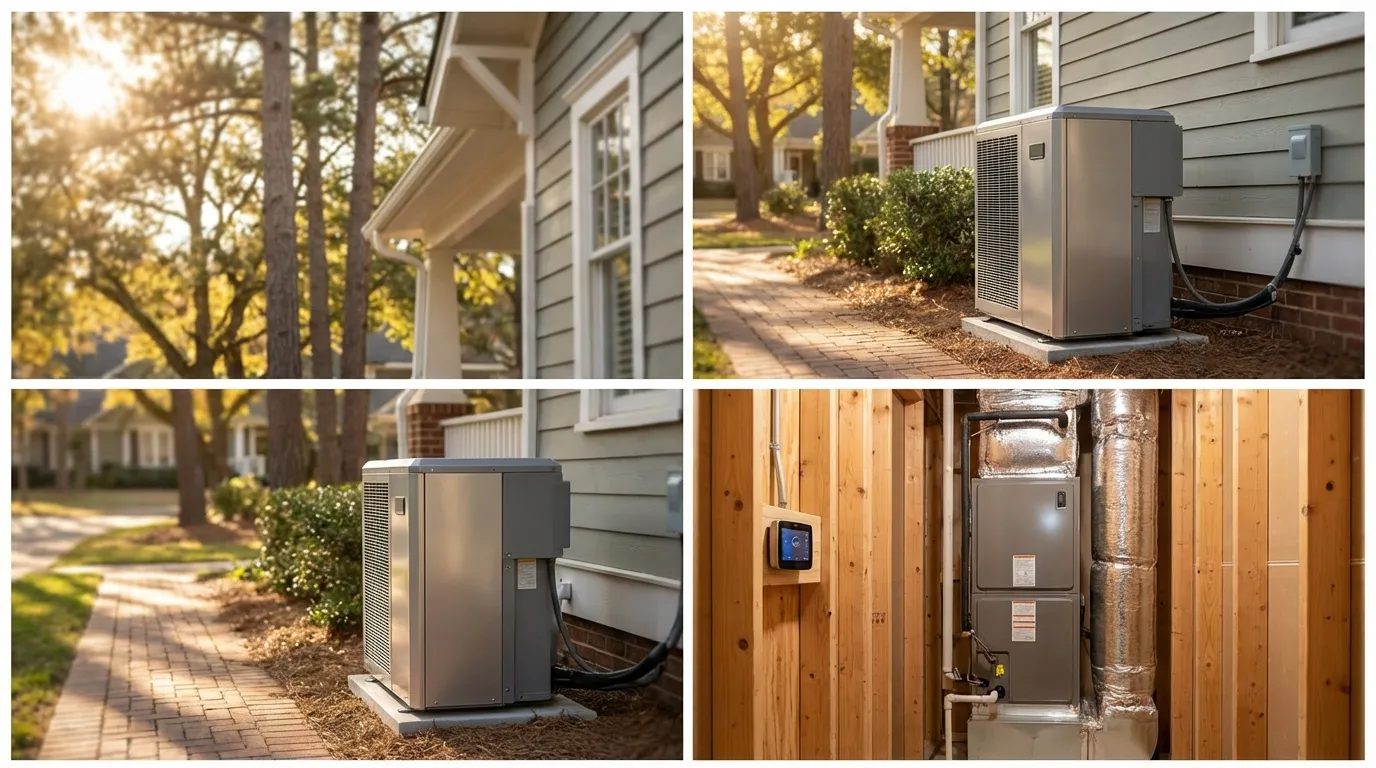 Modern heat pump unit beside a Raleigh craftsman bungalow with pine trees and clear Carolina blue sky