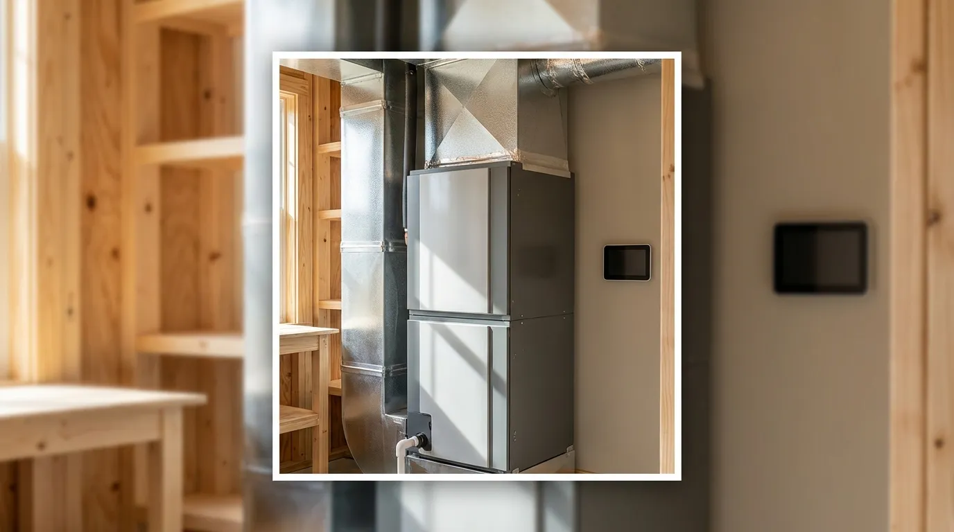 Modern heat pump unit beside a Raleigh craftsman bungalow with pine trees and clear Carolina blue sky