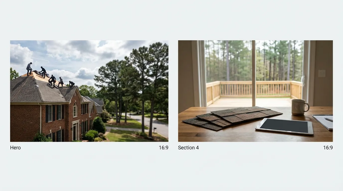 Roofing crew installing architectural shingles on a Raleigh suburban home under clear Carolina blue sky with pine and oak trees
