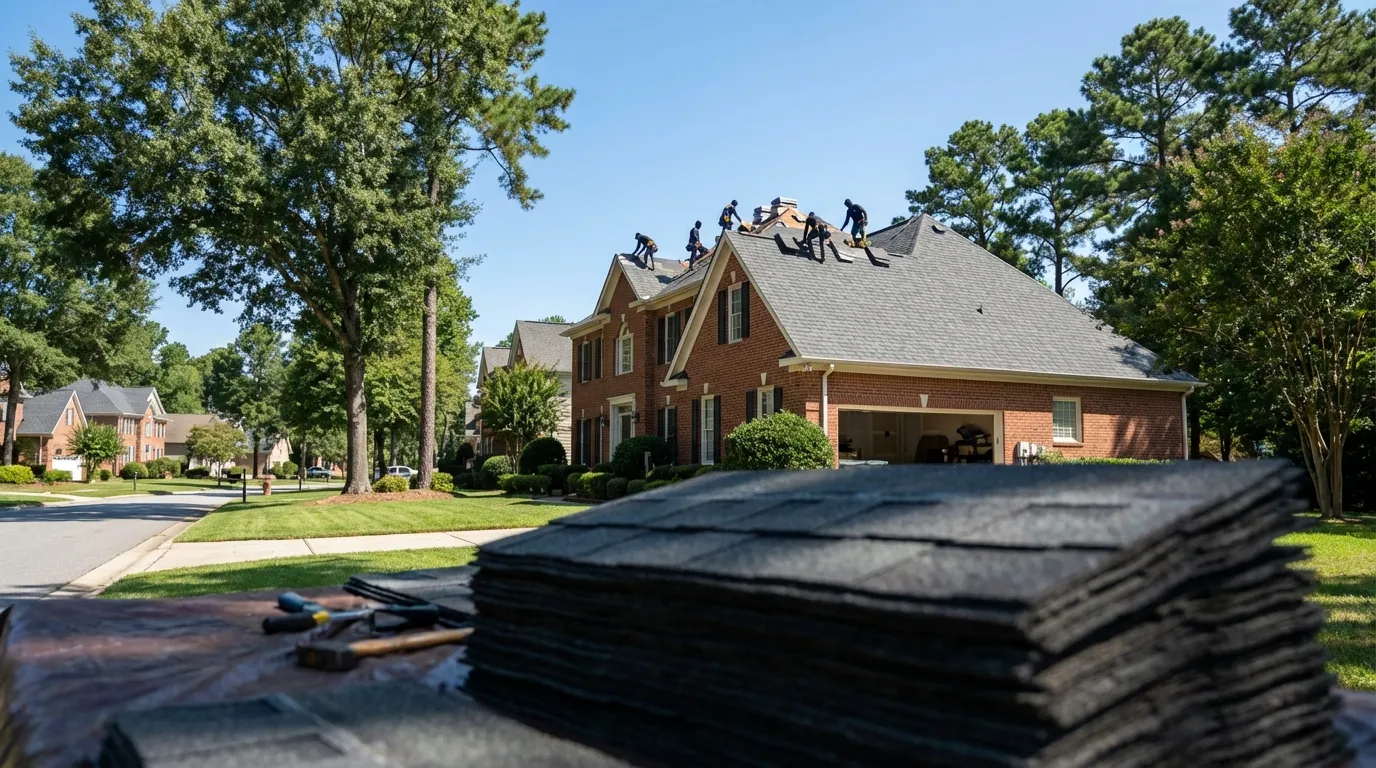 Roofing crew installing architectural shingles on a Raleigh suburban home under clear Carolina blue sky with pine and oak trees