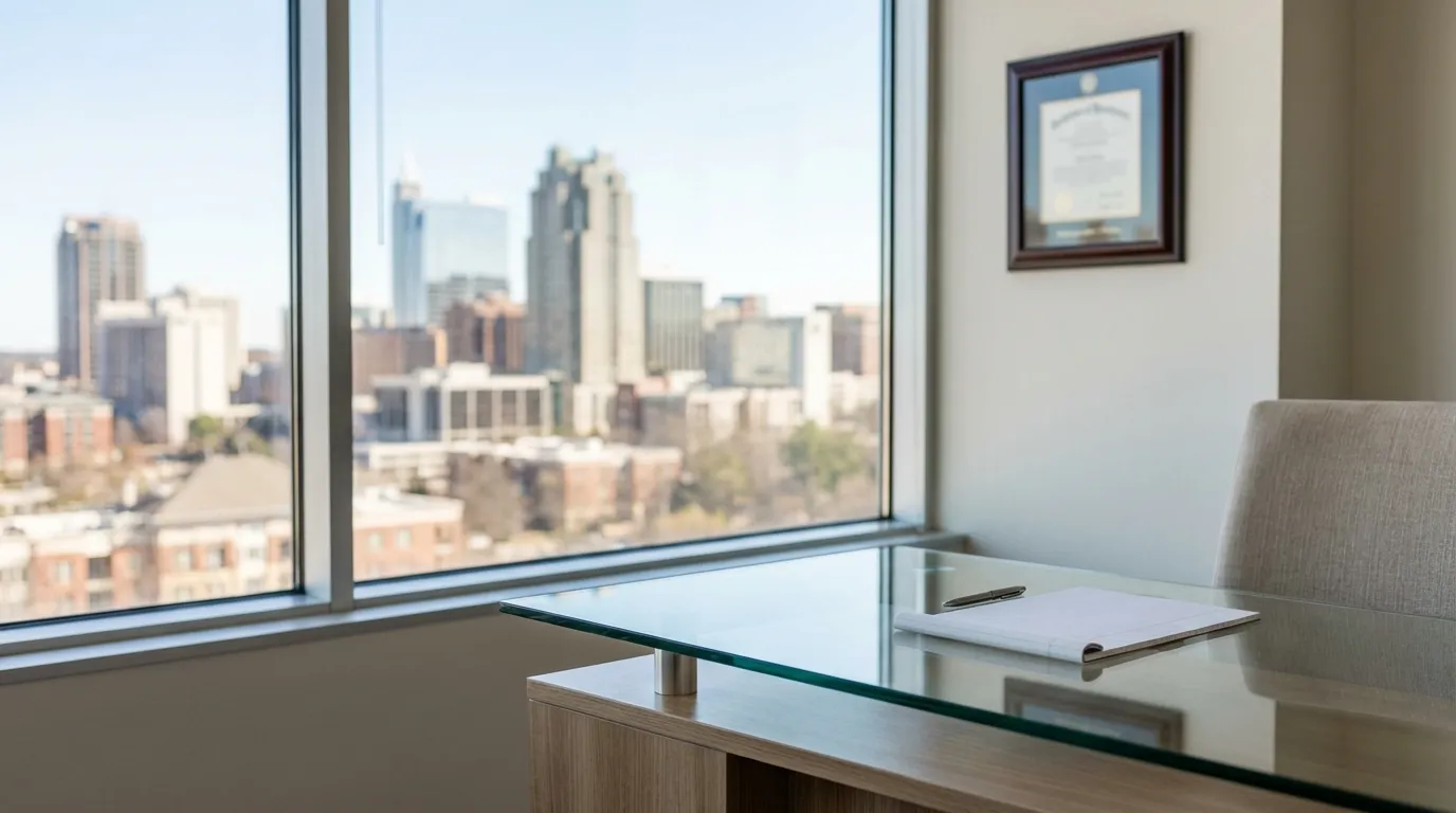 Wake County Courthouse in downtown Raleigh with NC Colonial architecture and clear Carolina blue sky and oak trees