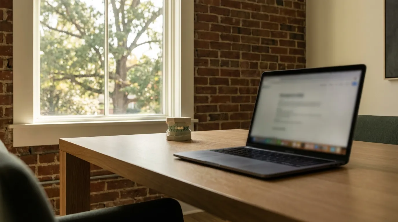 Modern Raleigh dental practice in North Hills or Five Points with warm NC light and brick exterior and pine trees